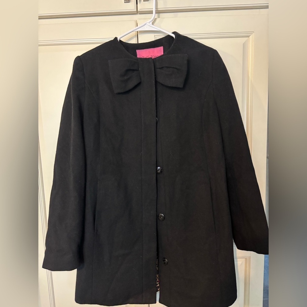 Betsey Johnson Black Bow Jacket Wool Blend Knee Length size medium ($45)